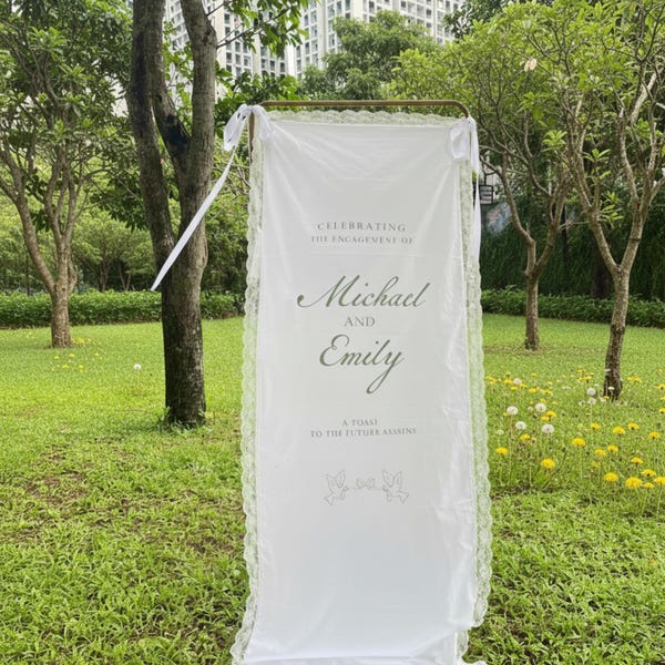 Lace Wedding Welcome Sign, Custom Linen Fabric Banner