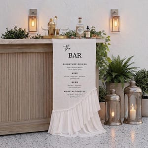 Custom Fabric Bar Sign Wedding Drink Menu Ruffled Sheer Chiffon Canvas Drape Banner Signature Cocktails Boho Decor