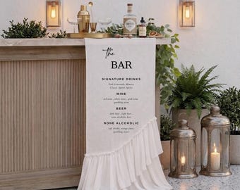 Custom Fabric Bar Sign Wedding Drink Menu Ruffled Sheer Chiffon Canvas Drape Banner Signature Cocktails Boho Decor