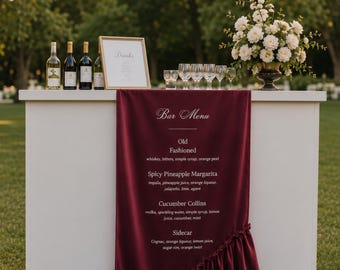 Custom Silk Wedding Bar Menu Banner, Burgundy Ruffled Fabric Sign, Elegant Reception Decor