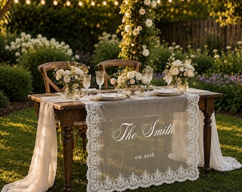 Custom Lace Sheer Wedding Table Runner, Personalized Head Table Sign for Bride and Groom Reception Display, Wedding Sweetheart Table Decor