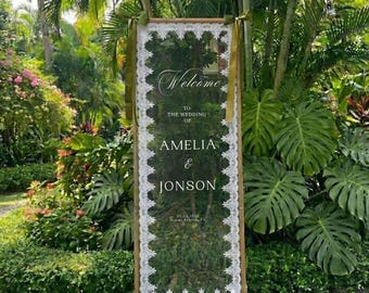 Letrero de bienvenida de boda de encaje transparente, pancarta de tul personalizada