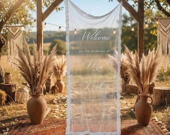 Personalized Sheer Tulle Wedding Welcome Sign: Lace Trim, Modern Romantic Banner
