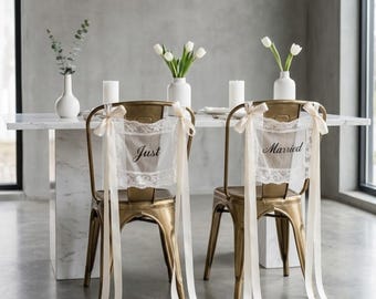 Sheer Lace Just Married Signs for Chairs - Bride & Groom Sweetheart Table Sign Decor