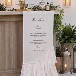 Custom Fabric Bar Sign Wedding Drink Menu Ruffled Sheer Chiffon Canvas Drape Banner Signature Cocktails Boho Decor
