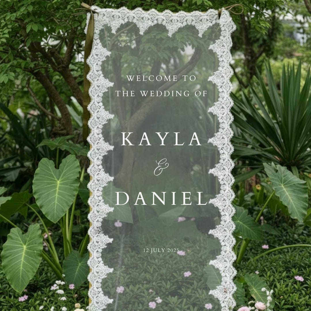 Sheer Lace Wedding Welcome Sign Tulle Fabric Banner Elegant Floral Sheer Lace Wedding Welcome Sign Tulle Fabric Banner Elegant Floral