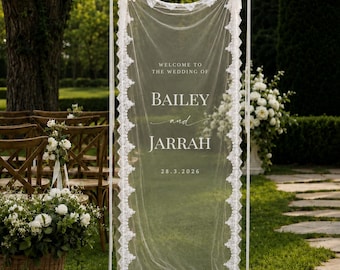 Personalized Lace Wedding Welcome Sign, Sheer Tulle Ceremony Banner, Bridal Shower Decor