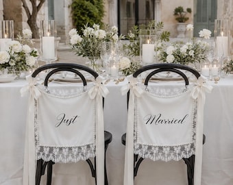Just Married Chair Banners, Ivory Lace Wedding Chair Signs, Bride Groom Sweetheart Table Decor, Romantic Wedding Reception Decor