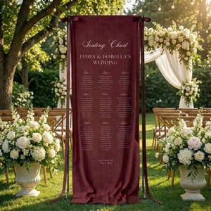 May include: A burgundy seating chart for James & Isabella's wedding, displayed on a black metal stand. The chart is surrounded by floral arrangements and wooden chairs, set outdoors. The text reads "Seating Chart" and the names of the couple.