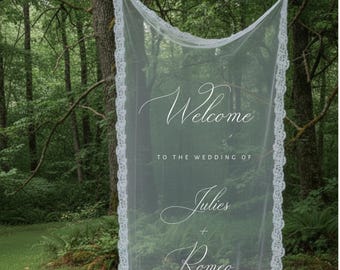 Personalisierte Lace Trim Hochzeit Willkommensschild, Sheer Tüll Banner
