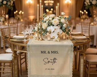 Personalized Linen Wedding Table Runner, Custom Family Name