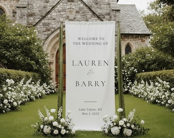 Custom Linen Wedding Welcome Sign • Personalized Modern Banner