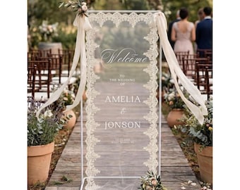 Personalized Lace Wedding Welcome Sign, Boho Ceremony Decor, Sheer Tulle Banner