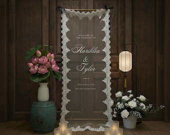 Personalized Lace Wedding Welcome Sign, Sheer Tulle Banner