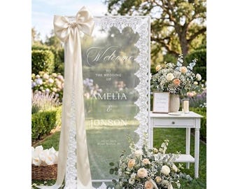 Placa de boas-vindas para casamento em renda transparente, banner personalizado em tecido de tule.