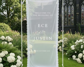 Schiere Spitze Hochzeit Willkommensschild: Personalisierte moderne Hochzeitsbanner