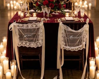 Sheer Lace Just Married Signs for Chairs - Bride & Groom Sweetheart Table Sign Decor