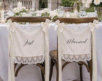 Just Married Chair Banners, Ivory Lace Wedding Chair Signs, Bride Groom Sweetheart Table Decor, Romantic Wedding Reception Decor
