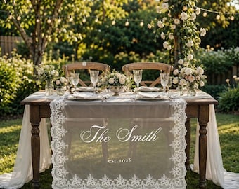 Custom Lace Sheer Wedding Table Runner, Personalized Head Table Sign for Bride and Groom Reception Display, Wedding Sweetheart Table Decor