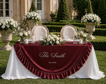 Personalized Burgundy Satin Sweetheart Table Banner, Ruffle Wedding Table Decor