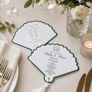 Personalized Scalloped Wedding Program Fans with Black Frame and Tassel