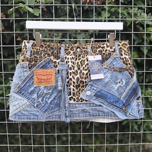Reworked Levi's Leopard Print Denim Mini Skirt | Handmade Upcycled Y2K Boho Western Skirt (Waist 32")