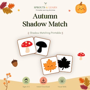 Könnte beinhalten: Eine druckbare Lernaktivität Autumn Shadow Match von Sprouts & Learn. Die Grafik zeigt Karten mit Illustrationen eines roten Pilzes und eines orangefarbenen Blattes neben ihren schwarzen Silhouetten, verziert mit Herbstblättern, einer Eichel und einem Kürbis.