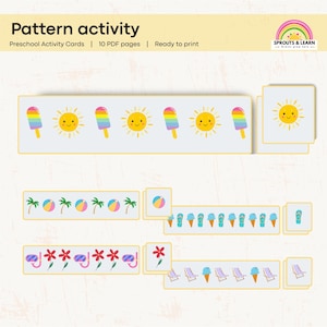 May include: A pattern activity set with summer-themed illustrations. The set includes cards with repeating patterns of ice cream cones, suns, palm trees, beach balls, and other summer icons. The text "Pattern activity" is at the top.