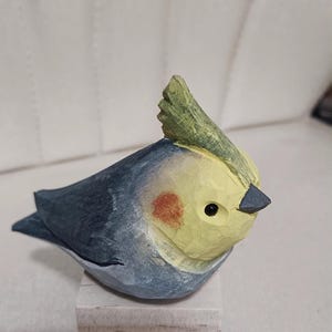 Hand Carved Wooden Cockatiel, Hand Painted Bird Figurine, Rustic Folk Art Sculpture, Unique Shelf Sitter, Nature Lover Gift