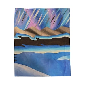May include: A rectangular painting featuring a landscape with a snowy foreground, a dark blue middle ground, and tan mountains. Above the mountains, the sky displays streaks of blue, purple, and white paint, creating a vibrant atmospheric effect.