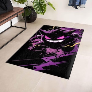 Anime Rug, Gengar Rug, Soft Polyester Floor Mat, Cozy Room Carpet, Unique Decor for Fan, Purple Ghost Trio Rug, Cute Anime Inspired Fan Art