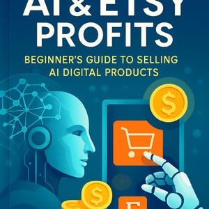 Könnte beinhalten: Digitalgrafik mit dem Text "AI & Etsy Profits" und "Beginner's Guide to Selling AI Digital Products". Das Bild zeigt einen blauen Roboterkopf, ein Smartphone mit einem Einkaufswagen-Symbol und Goldmünzen mit Dollarzeichen.