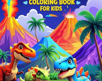 Dinosaur Coloring Book for Kids, 16 Printable Dino Pages with Volcanoes & Palm Trees, Cute T-Rex Activity, Instant Digital Download