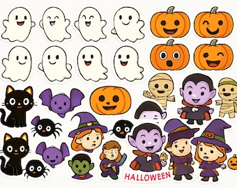 Cute Kids Halloween Stickers - Ghost Pumpkin Black Cat Bat Witch Set - Children's Party Decorations - Waterproof Vinyl Sticker