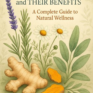 May include: A book cover titled "Healthy Herbs and Their Benefits" with illustrations of lavender, daisies, ginger, and other herbs. The subtitle reads "A Complete Guide to Natural Wellness." The author's name, "Casa Di Ricchi," is at the bottom.