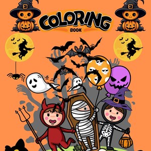 May include: A Halloween-themed coloring book cover with cartoon illustrations. Features include jack-o'-lanterns, bats, ghosts, and children in costumes. The word "COLORING BOOK" is displayed prominently.