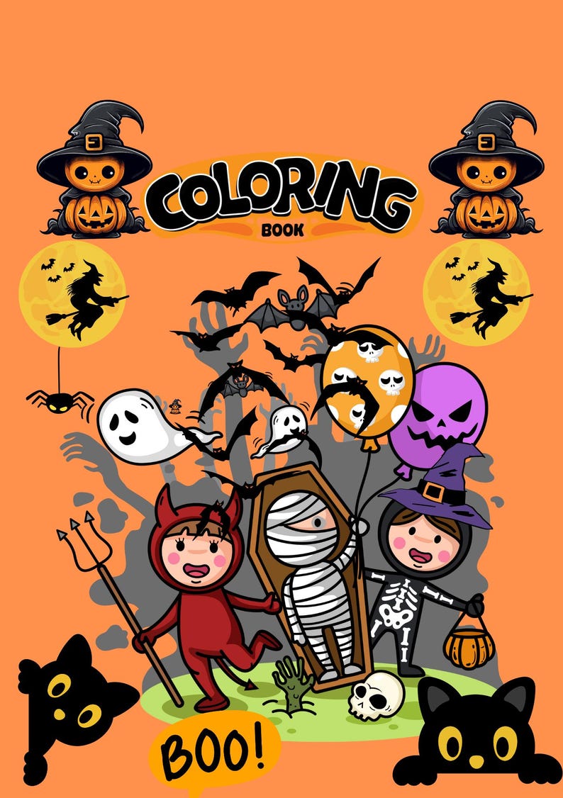 May include: A Halloween-themed coloring book cover with cartoon illustrations. Features include jack-o'-lanterns, bats, ghosts, and children in costumes. The word "COLORING BOOK" is displayed prominently.