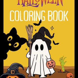 Puede incluir: Portada de un libro para colorear de Halloween con las palabras "Halloween Coloring Book" en naranja y blanco. La imagen presenta un gato negro, un fantasma sosteniendo una escoba y una calabaza, murci&eacute;lagos, una ara&ntilde;a y otras ilustraciones tem&aacute;ticas de Halloween.