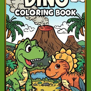 Può includere: Un libro da colorare per bambini intitolato "Dino Coloring Book". La copertina presenta un Tyrannosaurus Rex verde e un Triceratopo arancione in un paesaggio preistorico con vulcani e palme. Lo sfondo è blu.