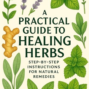 May include: A book cover titled "A Practical Guide to Healing Herbs." The cover features illustrations of various herbs, including lavender, basil, and ginger, arranged around the title. The subtitle reads "Step-by-step instructions for natural remedies."