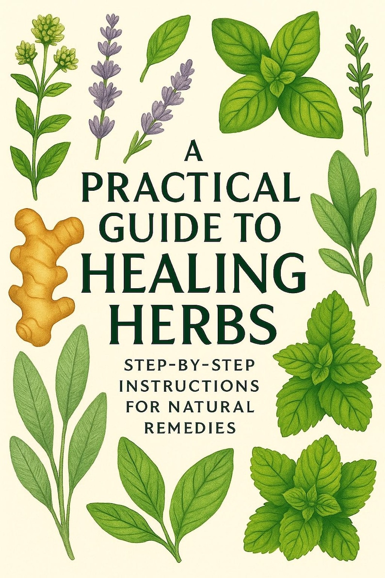 May include: A book cover titled "A Practical Guide to Healing Herbs." The cover features illustrations of various herbs, including lavender, basil, and ginger, arranged around the title. The subtitle reads "Step-by-step instructions for natural remedies."