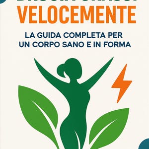 May include: A book cover with the title "BRUCIA GRASSI VELOCEMENTE" in green and orange. The cover features a green silhouette of a person with arms raised, green leaves, and an orange lightning bolt.