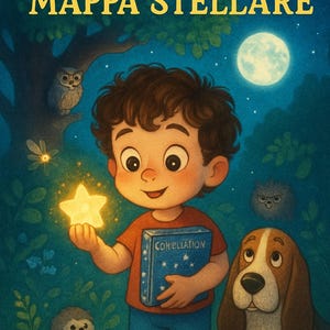 May include: Illustration of a young boy holding a glowing star and a book titled "Constellation." A dog and other forest creatures are also present. The image has text that reads "LEO e LA MAPPA STELLARE."