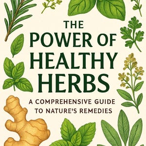 Può includere: Illustrazione di copertina di un libro con il titolo "THE POWER OF HEALTHY HERBS" e il sottotitolo "A COMPREHENSIVE GUIDE TO NATURE'S REMEDIES". L'immagine presenta varie erbe, tra cui rosmarino, basilico e zenzero, in tonalità verdi e marroni.