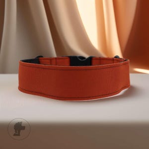 May include: A rust-colored dog collar with a black buckle and stitching. The collar is made of a sturdy fabric and is designed to be durable. The collar is a simple, yet stylish accessory for a pet.