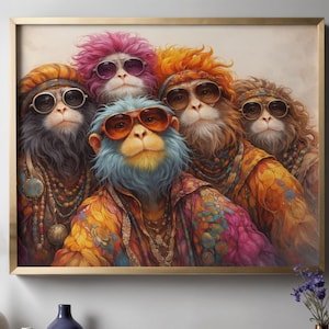 Könnte beinhalten: Gerahmter Kunstdruck mit fünf anthropomorphen Affen, die Sonnenbrillen und farbenfrohe Kleidung tragen. Die Affen haben unterschiedliche Fellfarben und Frisuren, mit einem goldenen Rahmen. Das Thema ist ein skurriler, Retro-Stil.
