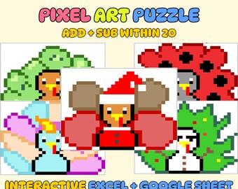 Disguise a Turkey Pixel Art Math Puzzle | Addition and Subtraction within 20 | Interactive Google Sheet / Excel