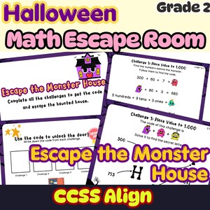 May include: A Halloween Math Escape Room educational activity for Grade 2 featuring worksheets with monster illustrations, place value maths problems, and instructions to escape the monster house by solving challenges to unlock the door.