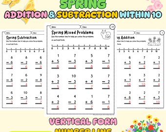 Spring Addition & Subtraction Within 10 | Vertical Form + Number Line Worksheet
