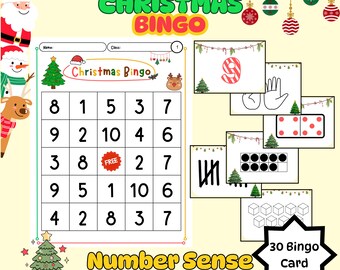 Christmas Math Bingo - Number Sense | Printable Math Game | Tally, Two hands, Ten Frames, Domino + for Kindergarten
